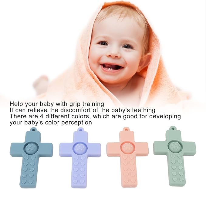 4PCS Baby Teething Toys, Cross Shape Teethers with Silicone Lanyard, Colorful Infant Chew Toys for Newborn Infant