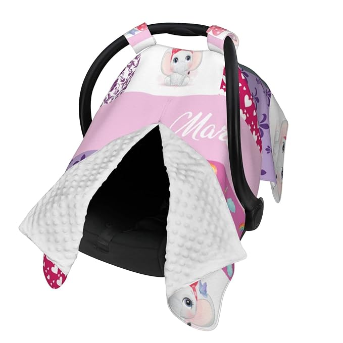 Personalized Baby Car Seat Canopy for Babies with Name, Custom Car Seat Covers for Girl, Infant Opening Minky Nursing Breastfeeding Stroller Cover Carseat Canopies for Newborn (Elephant and Butterfly)