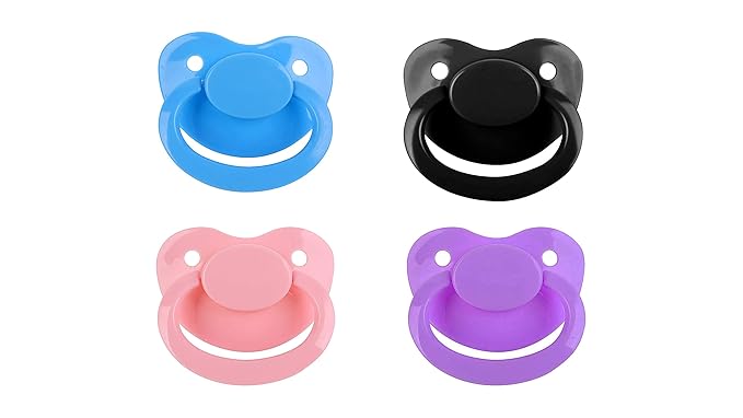 Adult Sized Pacifier Variety 4 Pack Dummy for Adult Babies, Large Handle, Big Shield, Pink, Blue, Purple, Black