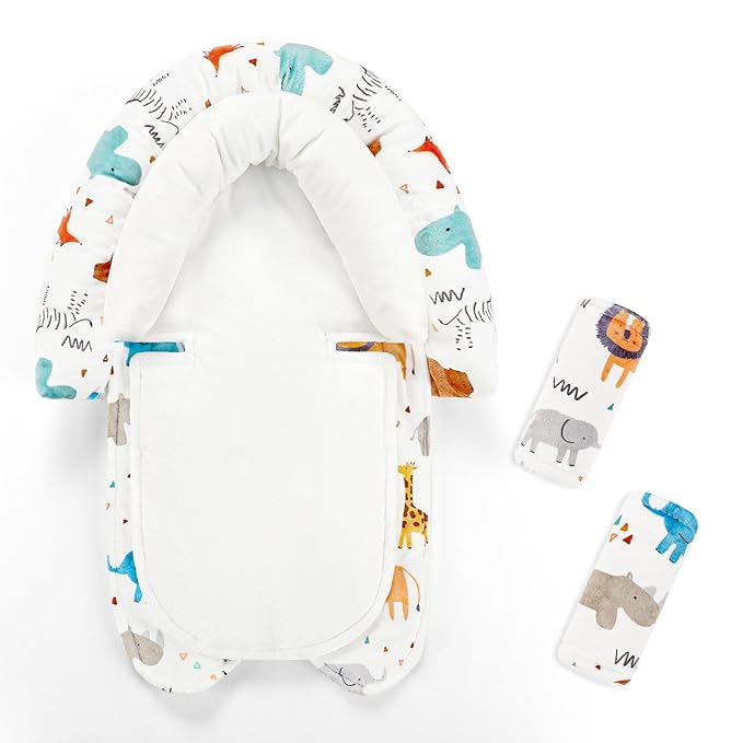 Infant Car Seat Insert & Strap Cover for Baby Boys, 2 in 1 Carseat Head Support Newborn, Ultra Soft Car Seat Cushion for Babies, Plush Fabric, Fit for Swing, Car Seat, Stroller, Bouncer, White