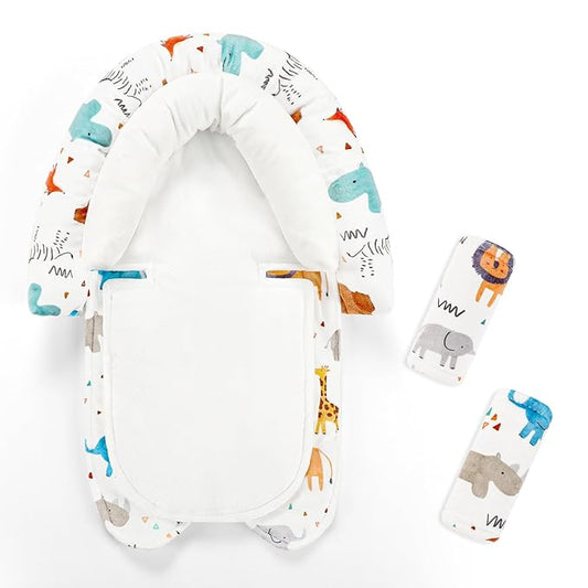 Infant Car Seat Insert & Strap Cover for Baby Boys, 2 in 1 Carseat Head Support Newborn, Ultra Soft Car Seat Cushion for Babies, Plush Fabric, Fit for Swing, Car Seat, Stroller, Bouncer, White