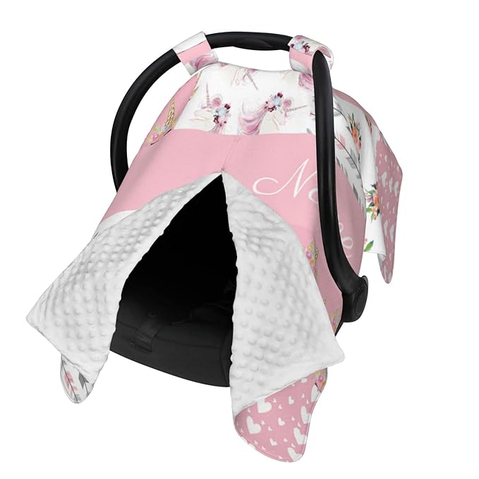Personalized Horse with Horns Pink Baby Car Seat Canopy for Babies with Name, Custom Car Seat Covers for Girls, Opening Minky Nursing Breastfeeding Cover Infant Carseat Canopies for Newborn