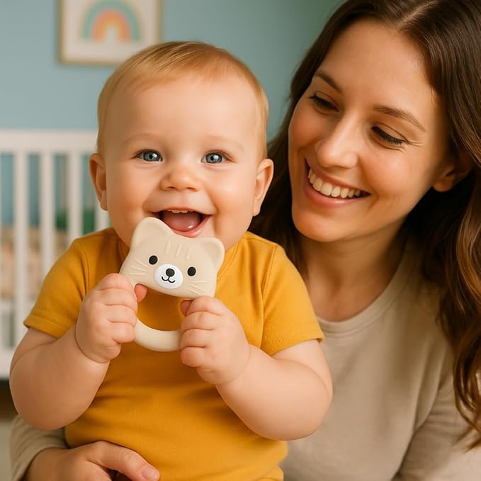 Baby Teether, Safe Chew Toy for Infants, Soothing Relief for Teething Pain, Cute Animal Shape, Easy Grip for Tiny Hands (Beige Cat)