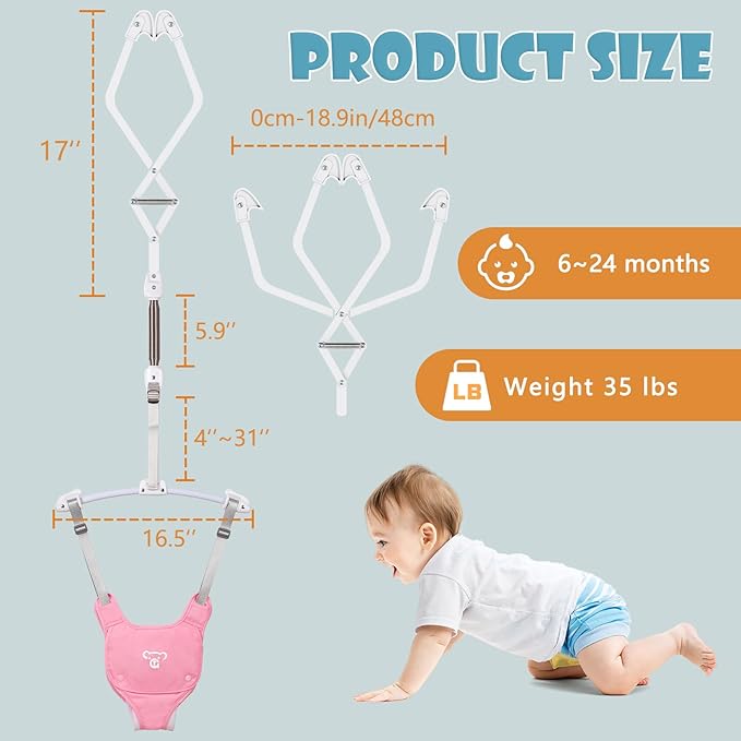 Baby Jumper, Baby Jumper Doorway with Adjustable Strap, Easy to Assemble, with a Soft Rug (Pink)