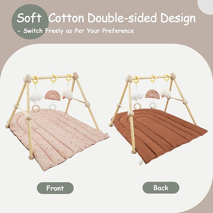 4-in-1 Wooden Baby Play Gym & Activity Mat, Soft Cotton Tummy Time Mat for Babies 0+,with 3 Detachable Toys for Sensory & Motor Skill Development,Newborn Infant Baby Essentials Gift,Blush-Rainbow