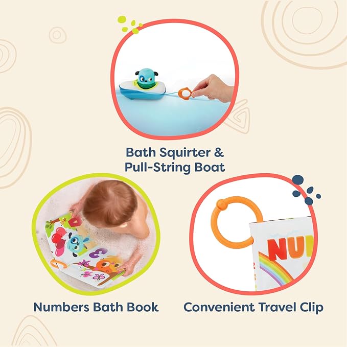B. toys – Bath Book & Boat – Color Changing Bath Squirter & Pull – String Boat – Colors & Numbers – Convenient Travel Clip – 10+ Months – Tub Time Book + Pull & Go Rider