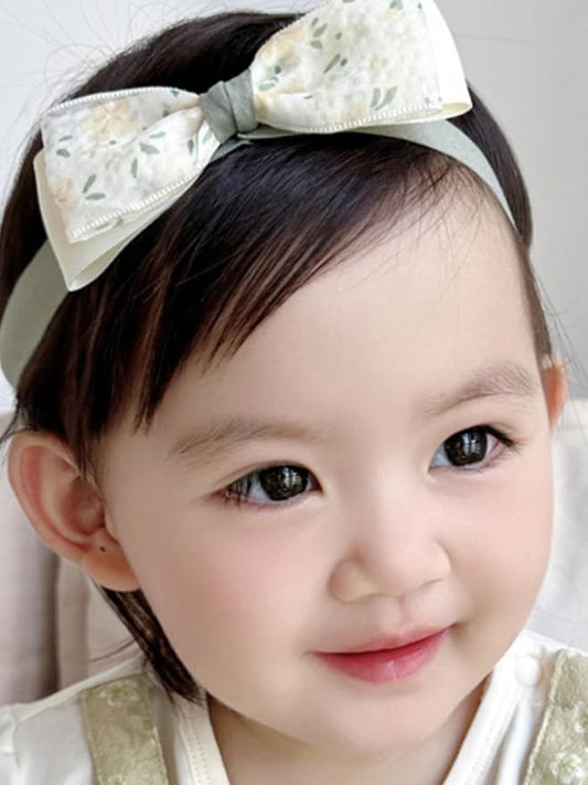 Baby Girls Hairband White Bow Lace Headbands Handmade Soft Stretchy Bowknot Hairbands Newborn Headband with Bows Pearls Elastic Head Band for Newborn Infant(Green Printed Bow)