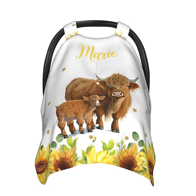 Personalized Baby Car Seat Canopy for Babies, Custom Name Car Seat Covers for Baby Girl, Sunflower Cow Opening Minky Nursing Breastfeeding Cover for Infant, Carseat Canopies for Newborn