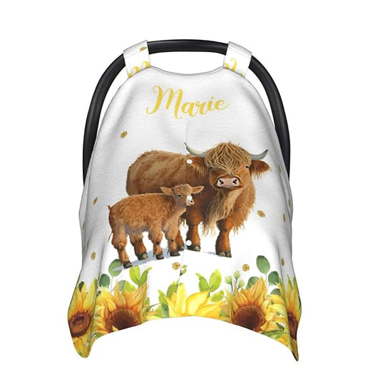 Personalized Baby Car Seat Canopy for Babies, Custom Name Car Seat Covers for Baby Girl, Sunflower Cow Opening Minky Nursing Breastfeeding Cover for Infant, Carseat Canopies for Newborn
