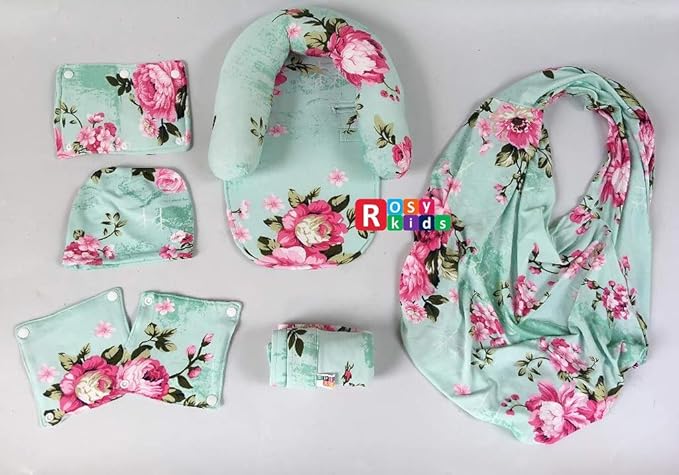 9pc Baby Girl Ultimate Set of Infant Car Seat Cover Canopy Headrest Blanket Hat Nursing Scarf, 25JE03