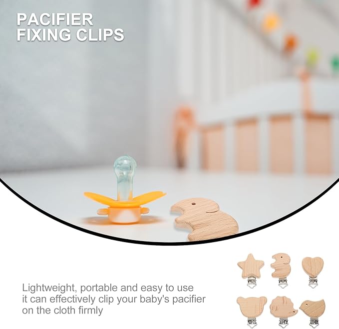 Garneck 6Pcs Natural Wood Suspender Pacifier Clips Cute Beech Wooden Animal Shape Clips Charm DIY Beading Pacifier Chain Accessory (Mixed Style)