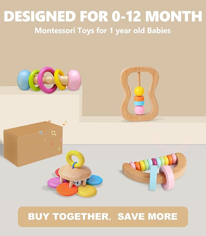 4 PCS Wooden Baby Rattle, Organic Colorful Baby Rattles Set, Wood Rattles for Babies 0-6-12 Months, Wooden Teether Crochet Rattle Toy for Infant Newborn,Montessori Toys for Babies 0-6 Months