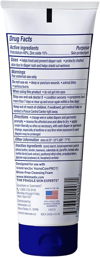 Welmedix HomeCare PRO Rapid Relief Adult Diaper Rash Cream, Fragile Skin Protective Ointment Hospital Grade Healing Ointment