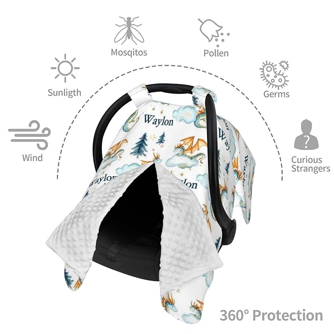 Personalised Dragon Baby Car Seat Cover for Boys, Customized Babies Carseat Covers with Name, Windproof Sun Protection Baby Carseat Canopy, Multi-use Nursing Breastfeeding Covers for Infant