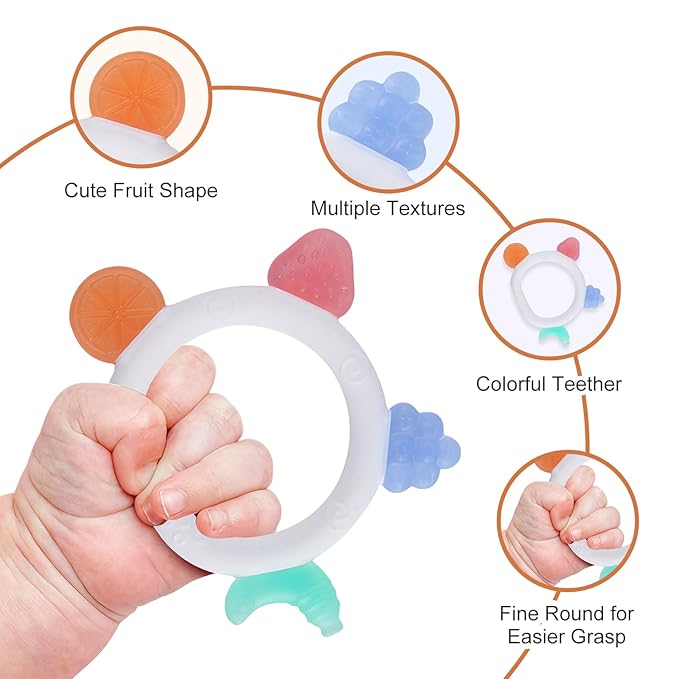 Baby Teething Toys with Silicone Pacifier Clip, Silicone Teether BPA Free, Teething Relief, Chew Toy for Sore Gums, Easy to Hold for Babies 3-6, 6-12 Months (4-Pack)