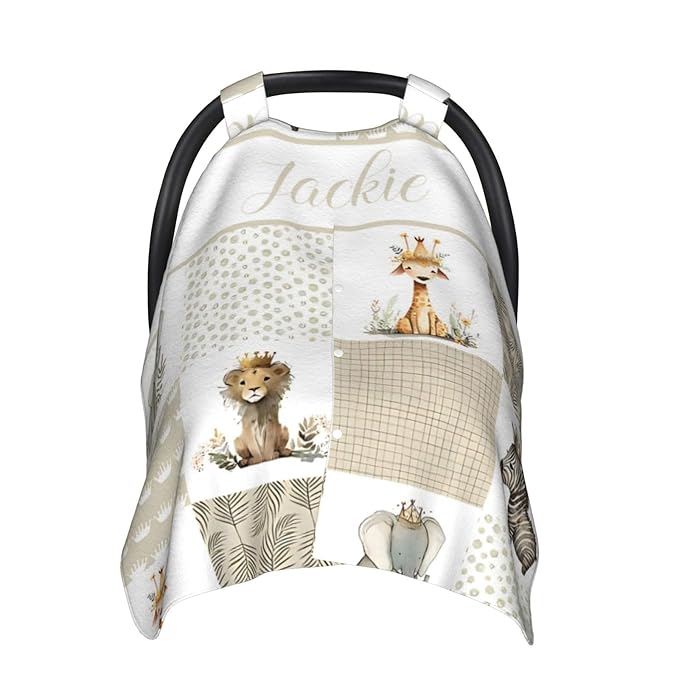 Personalized Baby Car Seat Canopy for Babies with Name, Custom Car Seat Covers for Boys Girls, Crown Animals Nursing Breastfeeding Stroller Cover Infant Carseat Canopies for Newborn