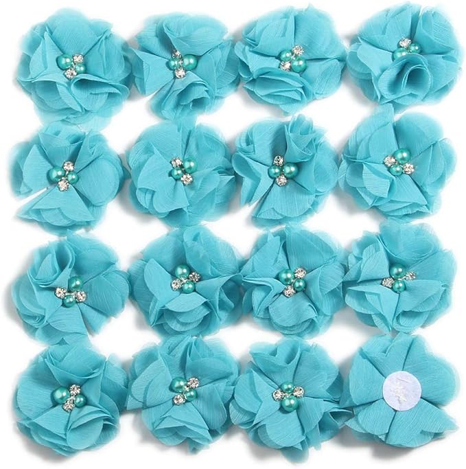 50 Pcs 2" Mini Chiffon Flowers with Rhinestones for Baby Girls Hair Accessories Artificial Fabric Flowers for Headbands Craft Projects (Turquoise)