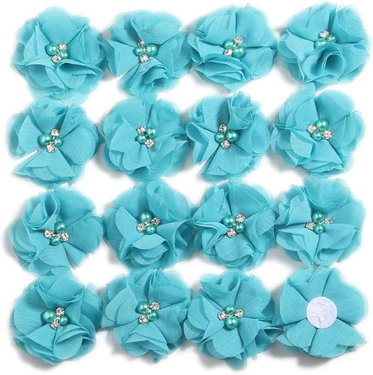 50 Pcs 2" Mini Chiffon Flowers with Rhinestones for Baby Girls Hair Accessories Artificial Fabric Flowers for Headbands Craft Projects (Turquoise)