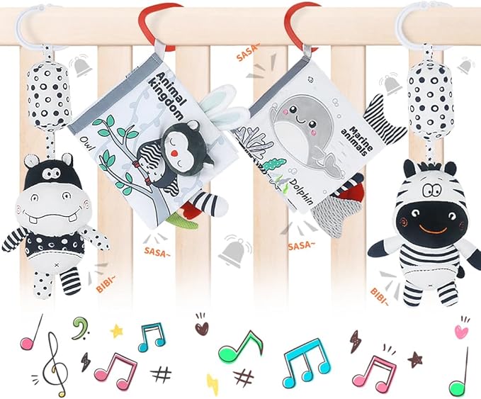 Baby Hanging Rattle Toys, Black and White High Contrast Baby Toys, Stroller Mobile Toy with Soft Plush Animal Rattles and Soothing Sounds, 4 Pack (Animal)