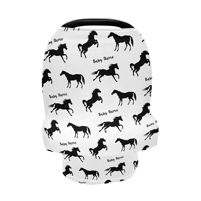 Personalized Baby Car Seat Cover for Babies, Custom Name Baby Car Seats Canopy for Boys Girls, Running Horse Nursing Breastfeeding Stroller Covers for Infant Newborn, Shower Gift for Baby