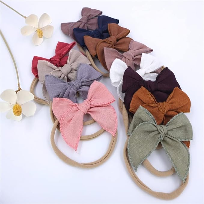 Sugarmelon Linen Bow Nylon Headband for Baby Newborn Infant Toddler Hair Bow Elastic Bands for Baby Girls Little Kids Headbands (Linen Fable bow 3'')