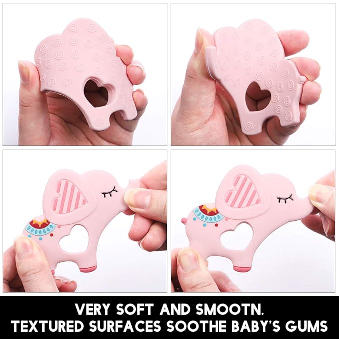 Baby Food Grade Silicone Teether Toy with One Piece Design Pacifier Clip Holder,Teething Toys Gift Set for 3 Months+ Boys and Girls,Freezer Safe,BPA Free. (Pink Elephant)