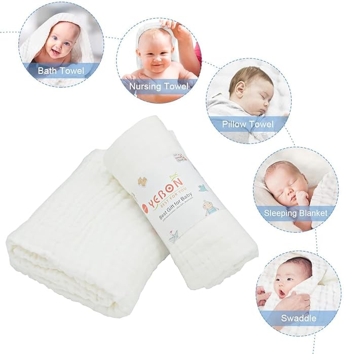 YEBON ProC 2Pcs Baby Muslin Bath Towels, Super Soft Cotton Bath Towel 6 Layers Infant Newborn Swaddle Blanket 41.3 X41.3 Inches,Baby Registry as Shower (White)