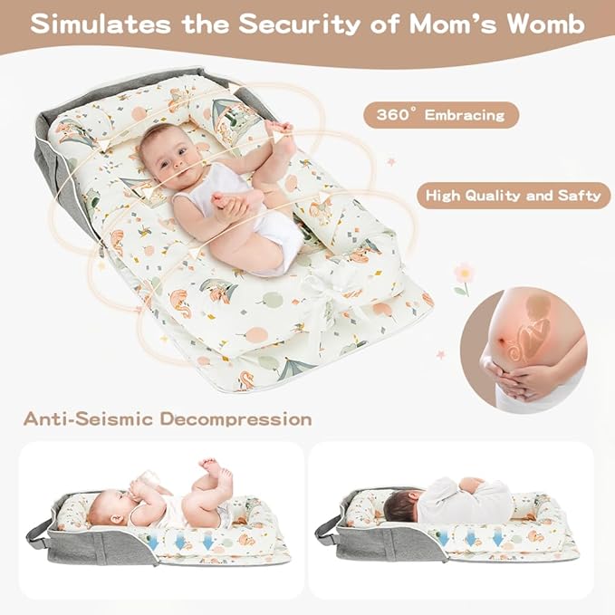 Baby Lounger, Portable Infant Lounger for Newborn, Adjustable Size Baby Nest for Infant 0-24 Months - Carousel