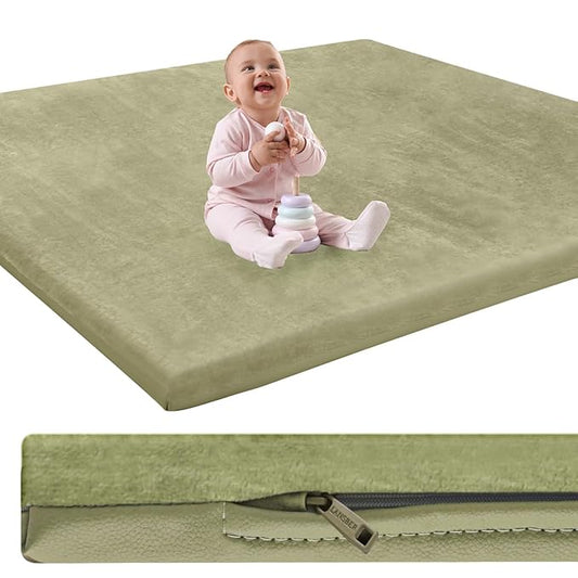 Padded Baby Play Mat for Floor,1.2" Thick 50x50 Play Crawling Mat with Removable Washable Cover,Non Slip Soft Nursery Rug for Toddlers,Infants,Kids, Easy to Clean Yoga Mat, Sage Green