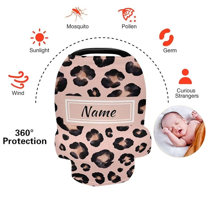 Custom Snow Leopard Pink Beige Baby Car Seat Cover Personalized Your Name Nursing Covers Breastfeeding Scarf Infant Carseat Canopy for Mom Baby Gift