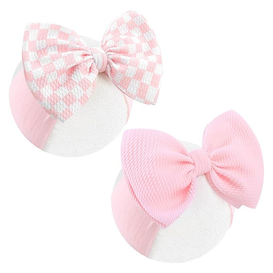 YanJie 2PCS 6’’ Light Pink Bows for Baby Girls Checkered Headband Pink Bow Infants Toddler Hair Accessories Newborn Headbands Hair Bow Baby Clothes