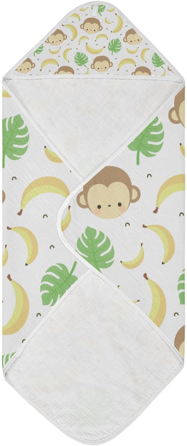 Cute Monkey Baby Boys Girls Bath Towel Banana Palm Leaves Hooded Towels Newborn Toddlers Organic Cotton Washcloths Shower Beach Towel 35 x 35 Inch