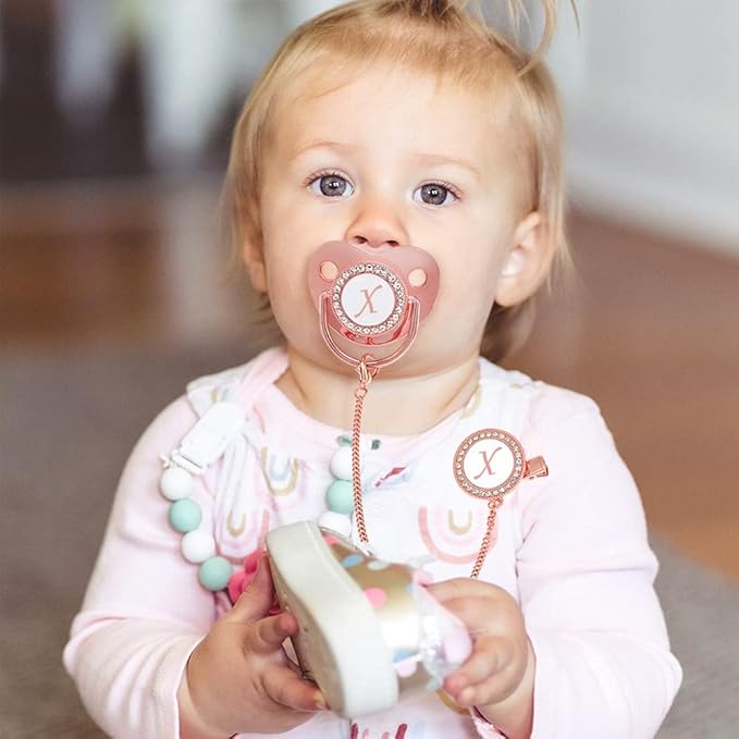 Bling Personalized Pink Baby Pacifier with Pacifier Clips and Anti-dust Cover A-Z 26 Letters(Pink,X)