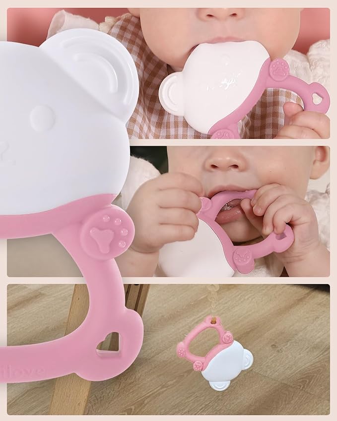 Water-Filled Freezable Baby Teether – Cooling Teething Toy for Babies 6+ Months, Gentle Comfort for Sore Gums, Includes Reusable Freezer Bags – Bear Pink