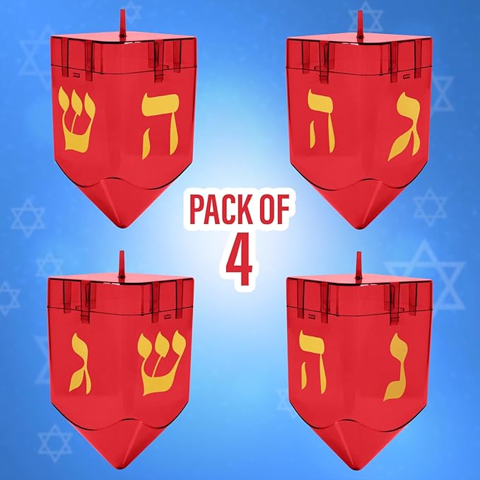 Large Fillable Dreidels for Hanukkah, Pack of 4 Plastic Dreidels Bulk, Red Large Dreidels That Bring Joy and Tradition to Every Celebration