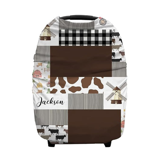 Personalized Farm Theme Baby Car Seat Covers with Name, Custom Red Tractor Nursing Cover Breastfeeding for Babies, Carseat Canopy for Boys and Girls, Infant Stroller Cover, Breathable Carseats Cover