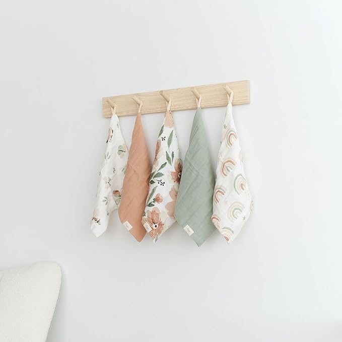 Crane Baby Wash Cloth Set, 100% Cotton, Set of 5 Baby Washcloths, Pink Floral Theme, Newborn Muslin Washcloths, Newborn Baby Gift, Baby Registry Gift