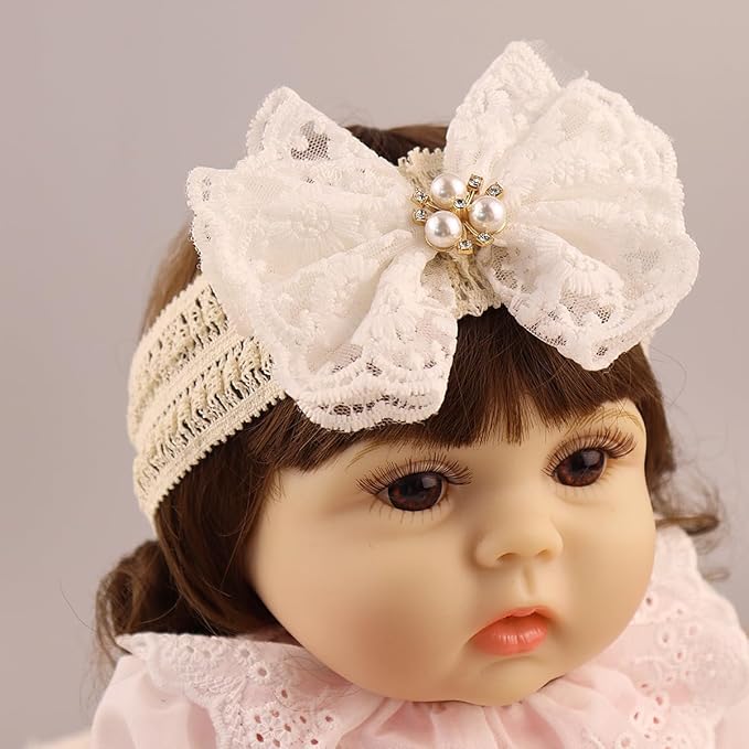 Lace Flower Bow-knot Baby Girls Headband Birthday Infant Wrap Elastic Baby Turban Hairband for Newborn Infant Toddler Kids (White pearl)