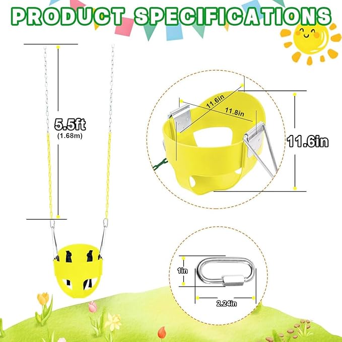 High Back Full Bucket Toddler Swing Seat with 3- Point Adjustable Safety Harness, 66 inch Detachable Chain,Suitable for Babies Aged 6-24 Months，Baby Swing for Swingset (Yellow)