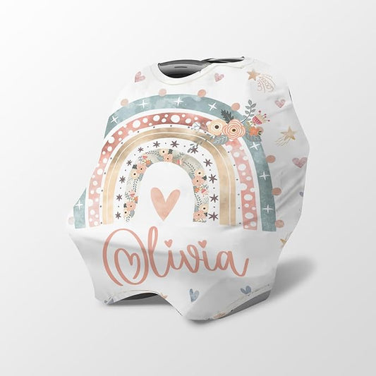 Personalized Baby Car Seat Cover Stroller Canopy: Custom Name Newborn Baby Girl Elastic Love Rainbow Nursing Cover for Moms First Birthday Gift Pink(one Size)