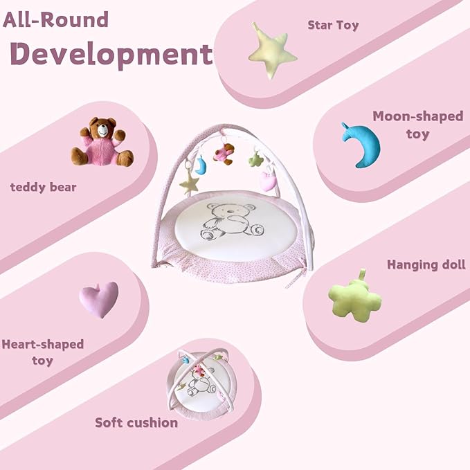 Baby Play Gym Mat & Activity Mat - 100% Cotton Soft Playmat with 6 Detachable Toys for Tummy Time, Machine Washable, Sensory Development Gift (Pink Bear)