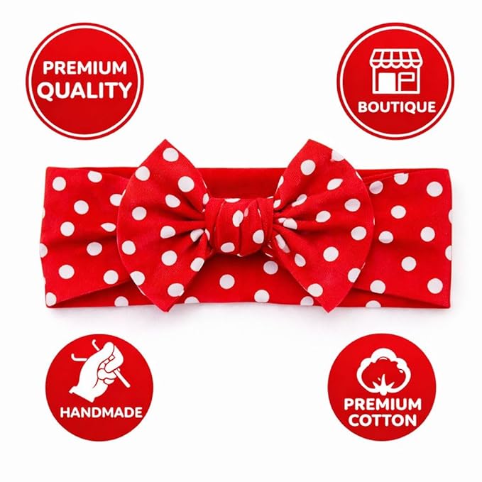 Baby Girl Headbands 0–6 Months – Newborn Infant Soft Cotton Handmade Bow Headband, Stretchy No Mark Baby Hair Accessories (Red with White Polka Dots, 0-6 Month)