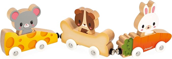 Janod - Pets Wooden Animal Car Train Push and Go Playset - Toddler Playtime - Magnetic Interchangeable Cars - Encourages Imaginative Play - Adorable Animal Characters, Safe Quality Materials