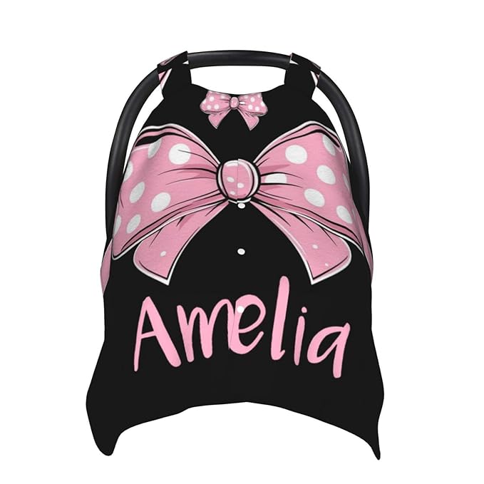 Personalised Bows Baby Car Seat Cover for Girls, Customized Carseat Covers with Name for Infant, Windproof Sun Protection Baby Carseat Canopy, Multi-use Nursing Breastfeeding Covers