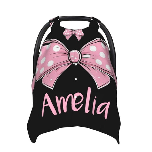 Personalised Bows Baby Car Seat Cover for Girls, Customized Carseat Covers with Name for Infant, Windproof Sun Protection Baby Carseat Canopy, Multi-use Nursing Breastfeeding Covers