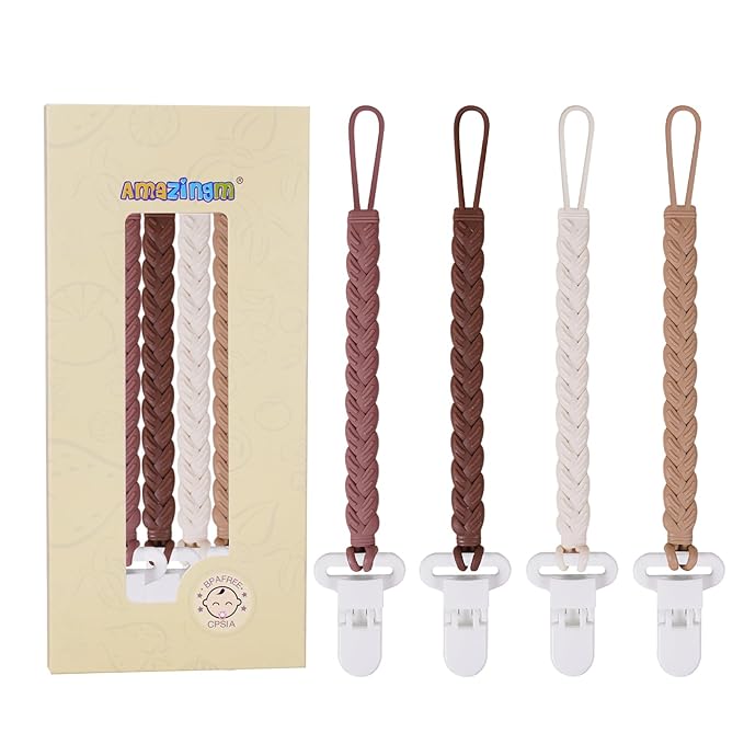 4 Pcs Brown Baby Silicone Teething Pacifier Clip,One-piece Design,Woven Shape,BPA Free.