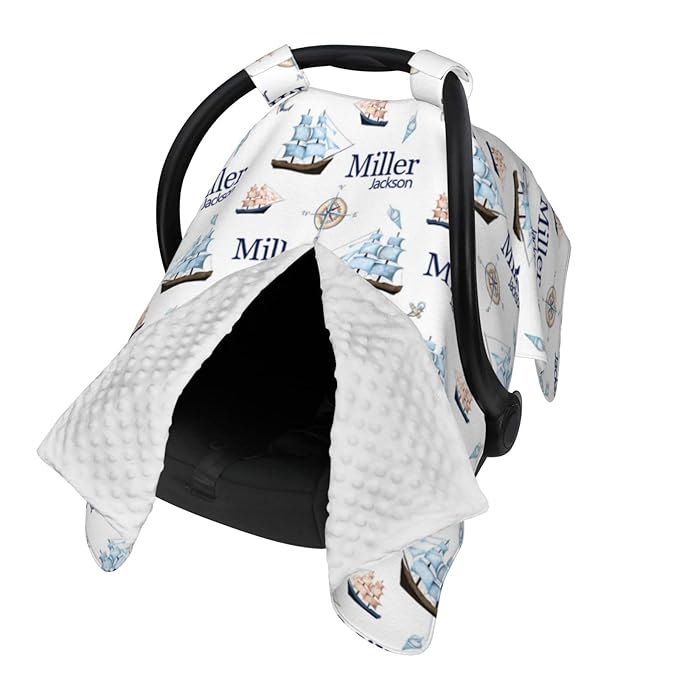 Personalized Baby Car Seat Canopy for Babies, Custom Name Baby Car Seats Covers for Boys, Opening Minky Nursing Breastfeeding Cover for Infant, Carseat Canopies for Newborn (Nautical Ship)