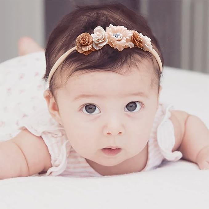 Baby Girl Flower Headband 4 PCS Elastic Hairbands Handmade Nylon Bows Headbands Chic Floral Hair Accessories Kids Gifts for Newborn Infant Toddlers