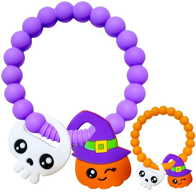 BIGSPINACH Halloween Teething Ring, Silicone Baby Teether with Witch and Cat Design, BPA-Free Infant Teething Toy, Easy to Hold,Safe for Babies and Toddlers (Colorful, Pumpkin＆Ghost) 2PC
