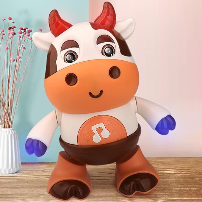 Electric Dancing Cow Light up Musical Cow Plastic Dancing Toys Baby Animal Sounds Toys Toddler Sensory Educational Interactive Swinging Calf 3 AA Battery Operated, Age 3+